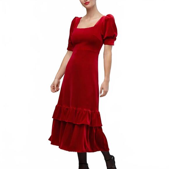 Rachel Parcell Dresses & Skirts - NWT Rachel Parcell Cherry Red Velvet Puff Sleeve Peplum Midi Dress Size XS